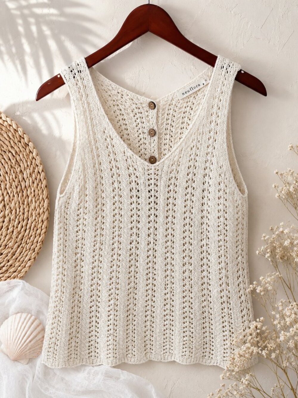 Neuflora Crochet Knit Tank Top M Ivory Boho Coastal Cottagecore Beach